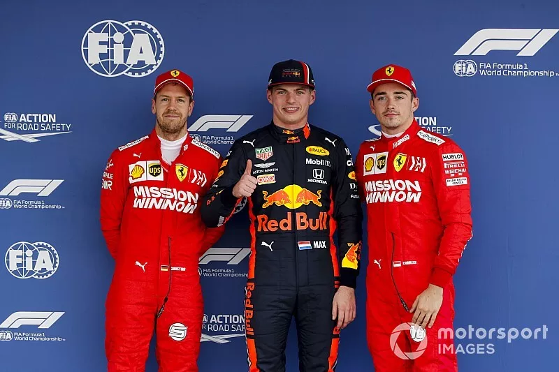 Sebastian Vettel, Ferrari, Pole Sitter Max Verstappen, Red Bull Racing and Charles Leclerc, Ferrari in Parc Ferme