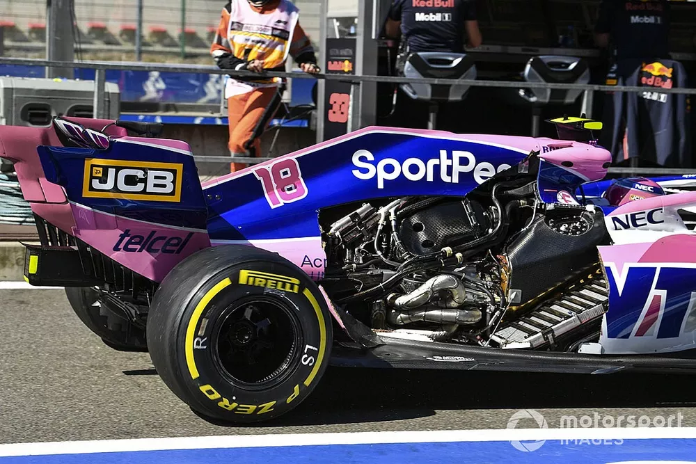 Lance Stroll, Racing Point RP19, keert terug naar de pits zonder motorkap
