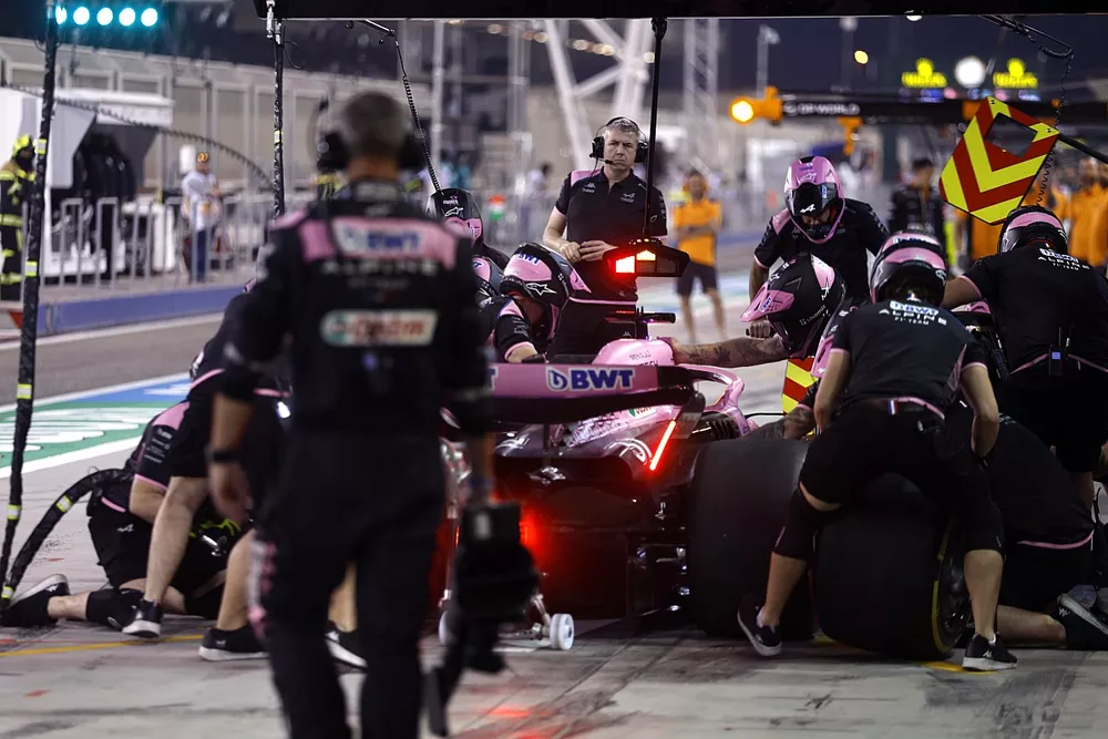 Esteban Ocon, Alpine A523, in the pits during FP2
