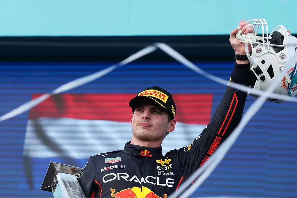 Max Verstappen, Red Bull Racing, 1st position, celebrates on the podium