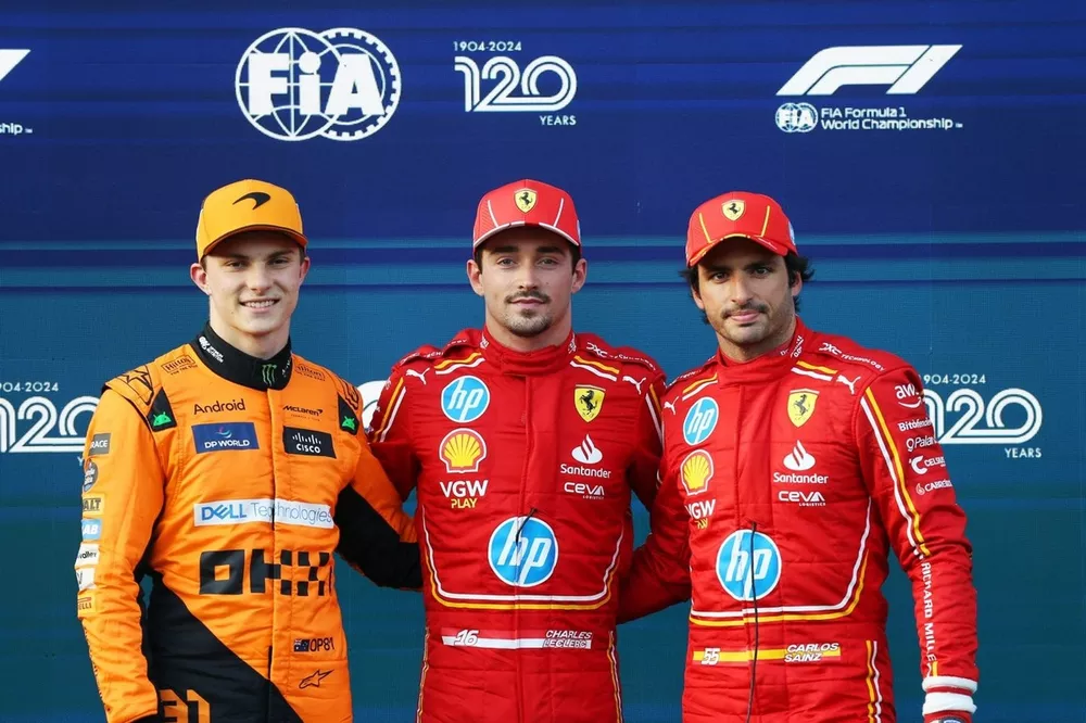 Top three qualifiers Pole man Charles Leclerc, Scuderia Ferrari, Oscar Piastri, McLaren F1 Team, Carlos Sainz, Scuderia Ferrari