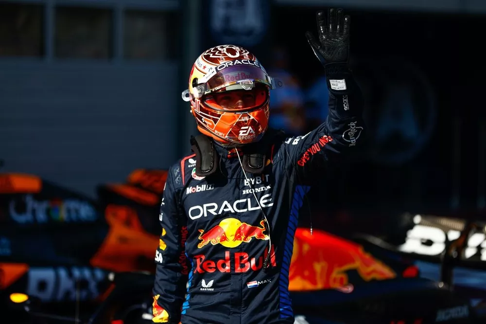 Sprint pole winner Max Verstappen, Red Bull Racing, celebrates in Parc Ferme