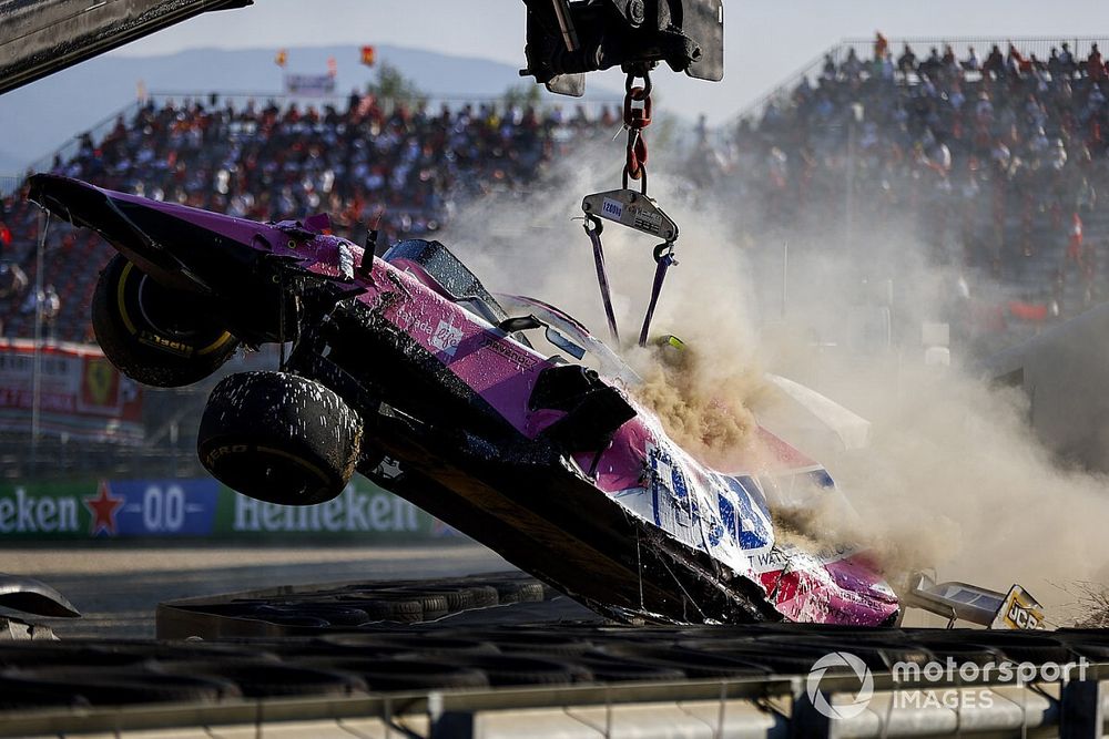 Car of Lance Stroll, Racing Point RP20 being recovered after crashing