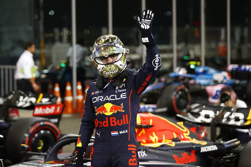 Pole man Max Verstappen, Red Bull Racing, celebrates in Parc Ferme