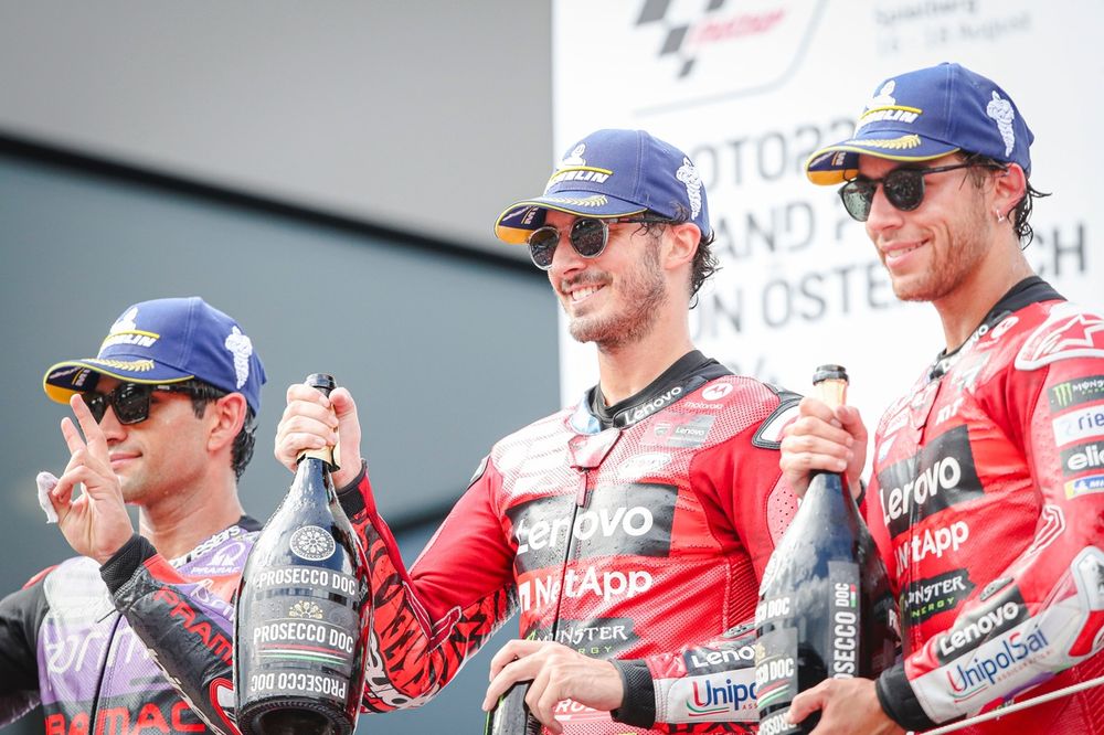 Francesco Bagnaia, Ducati Team, Enea Bastianini, Ducati Team, Jorge Martin, Pramac Racing podium