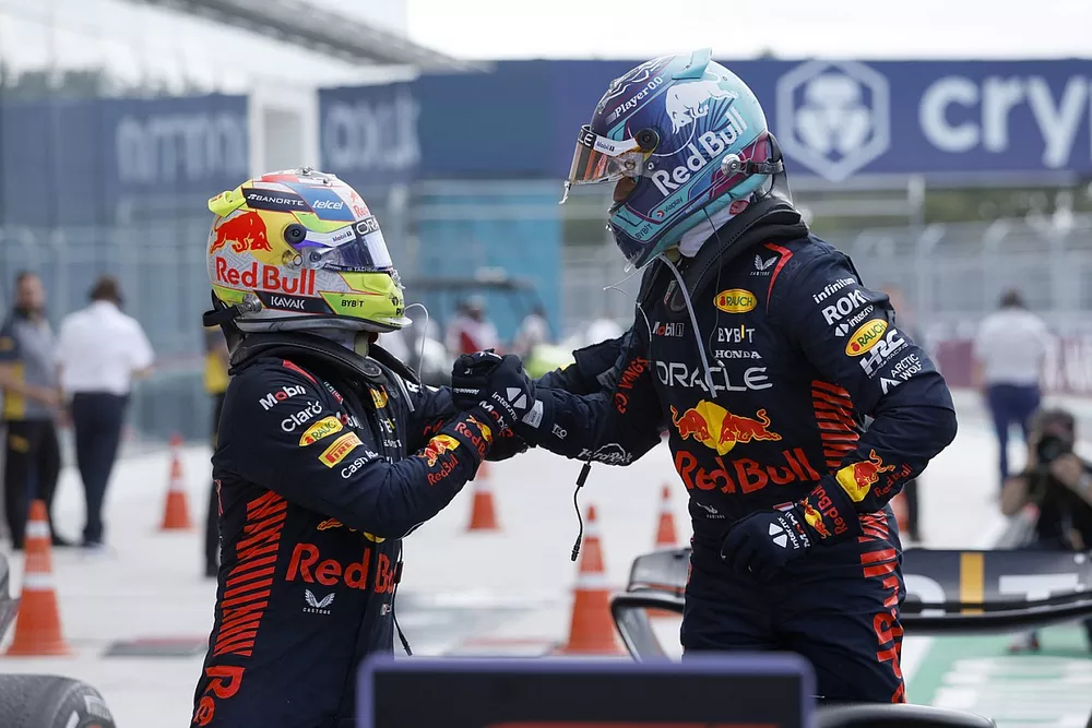 Sergio Perez, Red Bull Racing, 2nd position, Max Verstappen, Red Bull Racing, 1st position, congratulate each other on arrival in Parc Ferme