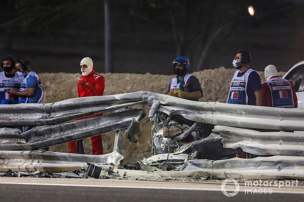 The remains of the car of Romain Grosjean, Haas VF-20