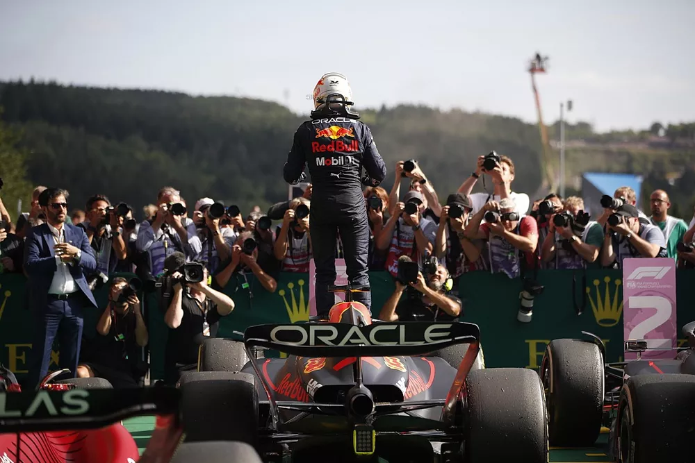 Max Verstappen, Red Bull Racing, 1st position, celebrates on arrival in Parc Ferme