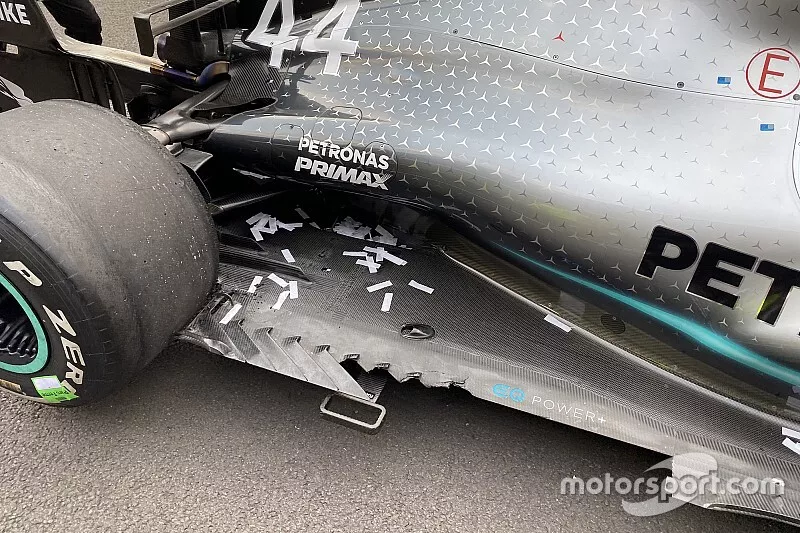 Damage of the floor at the car of Lewis Hamilton, Mercedes AMG F1 W10