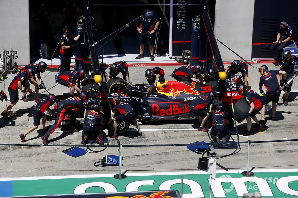 Red Bull pit stop practice with the car of Max Verstappen, Red Bull Racing RB16