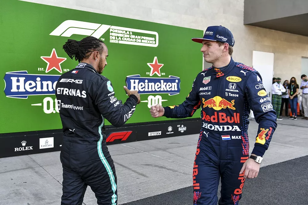 Lewis Hamilton, Mercedes, and Max Verstappen, Red Bull Racing, congratulate each other in Parc Ferme after Qualifying