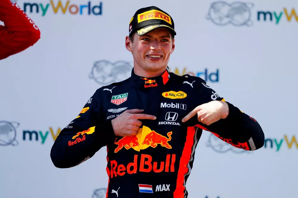 Max Verstappen, Red Bull Racing, 1st position, celebrates on the podium