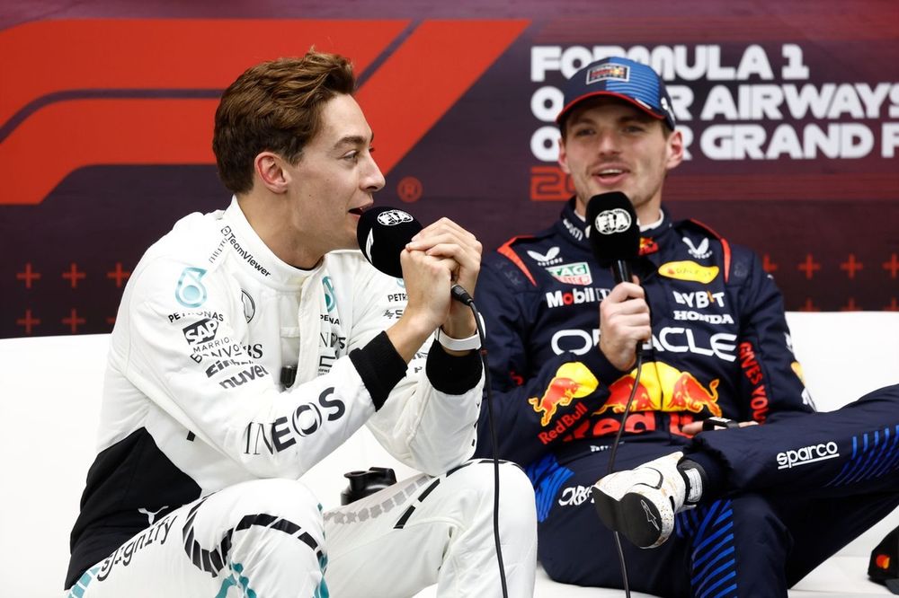 George Russell, Mercedes-AMG F1 Team, pole man Max Verstappen, Red Bull Racing, in the the post qualifying press conference 