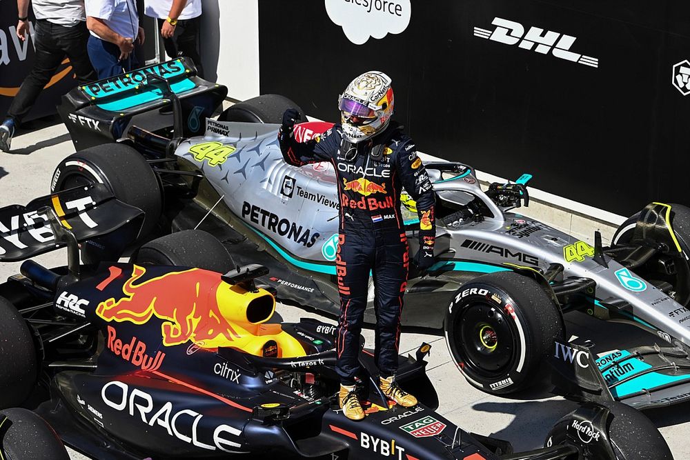 Max Verstappen, Red Bull Racing, 1st position, celebrates on arrival in Parc Ferme