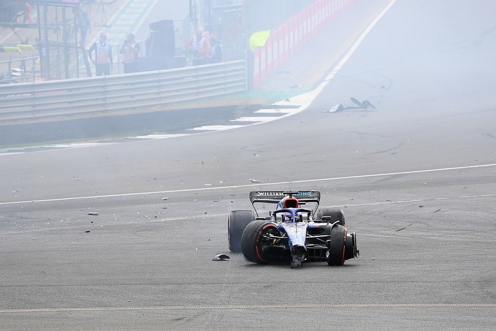 The damaged car of Alex Albon, Williams FW44, after a first lap crash