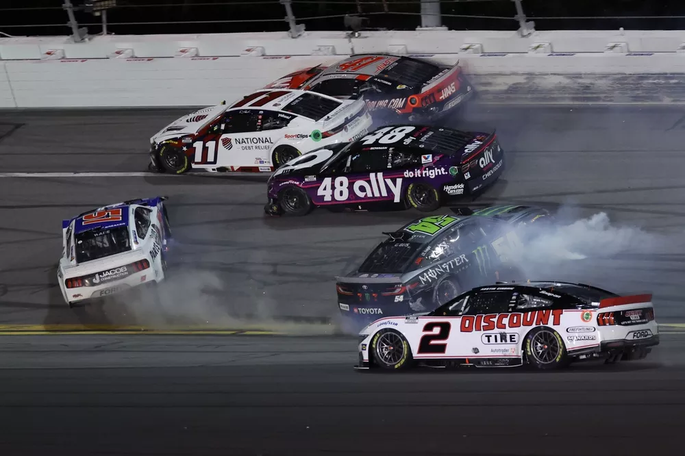 Last-lap crash, Daytona 500 (Denny Hamlin, Joe Gibbs Racing; Cole Custer, Haas Factory Team; Cody Ware, Rick Ware Racing; Ty Gibbs, Joe Gibbs Racing; Austin Cindric, Team Penske; Alex Bowman, Hendrick Motorsports)