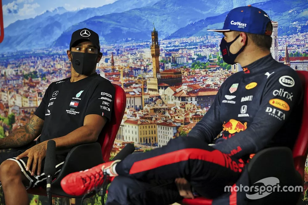 Pole Sitter Lewis Hamilton, Mercedes-AMG F1 and Max Verstappen, Red Bull Racing in the press conference