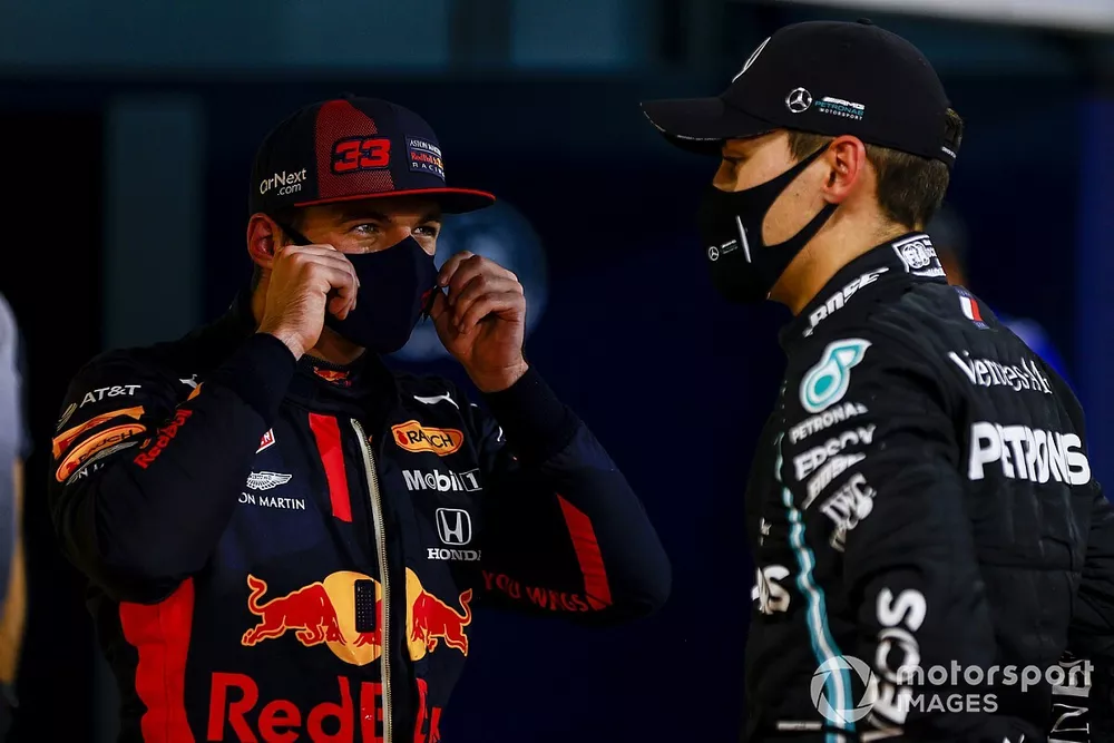 Max Verstappen, Red Bull Racing, and George Russell, Mercedes-AMG F1, in Parc Ferme after Qualifying 