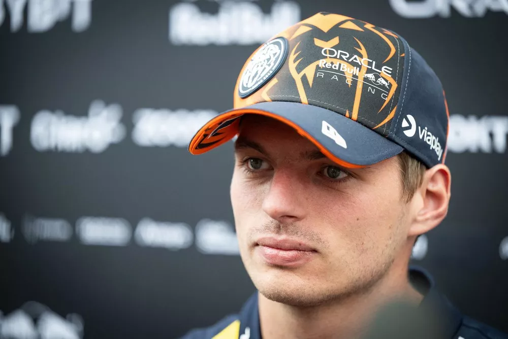 Max Verstappen, Red Bull Racing, talks to the media 