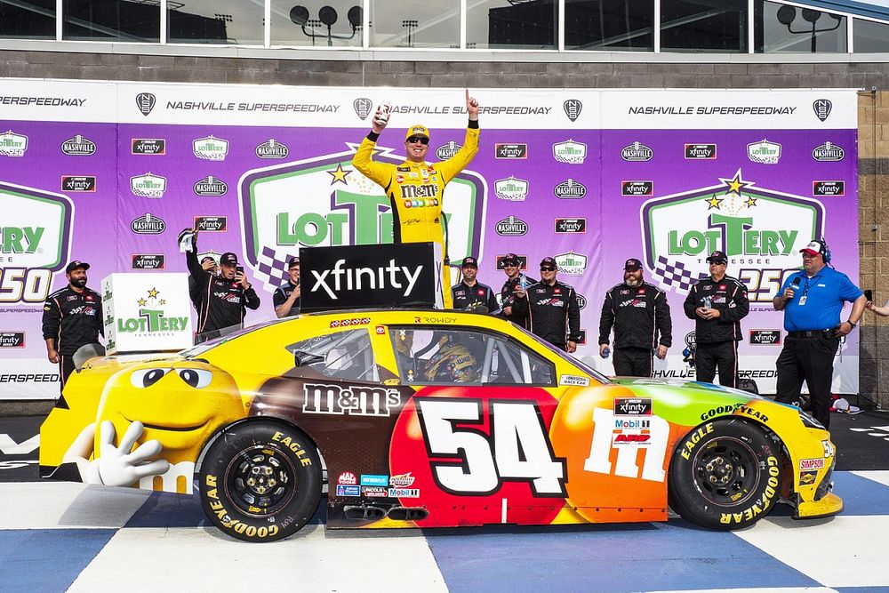 Race winner Kyle Busch, Joe Gibbs Racing, Toyota Supra M&M's