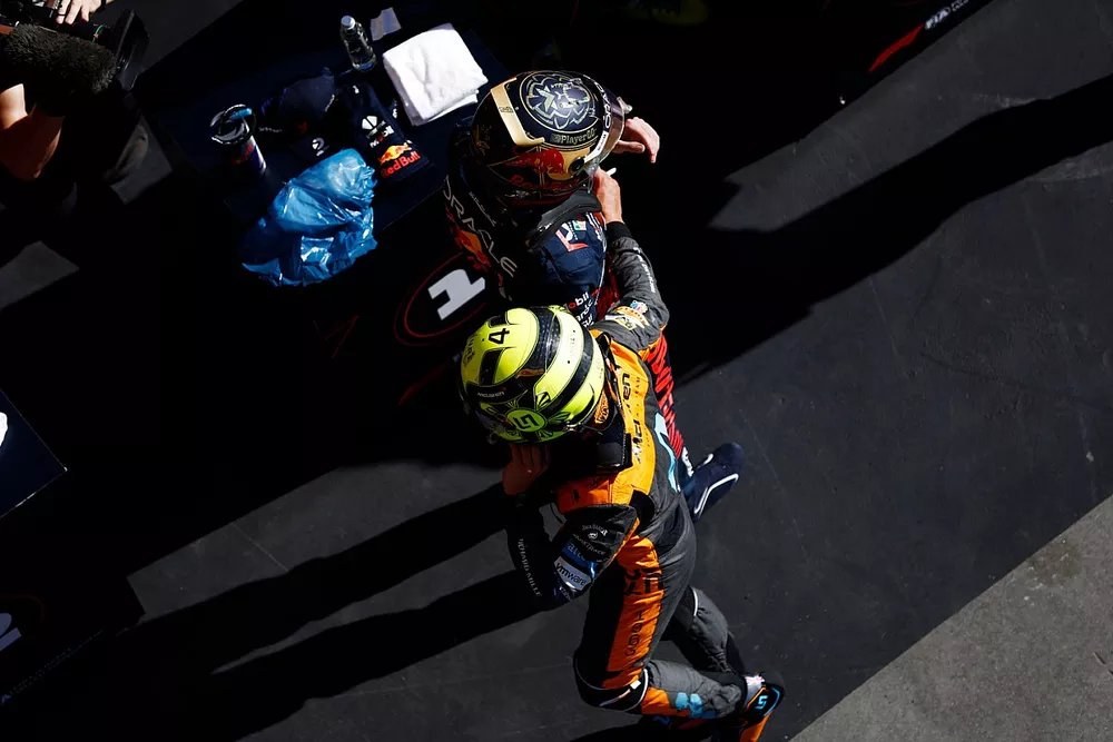 Max Verstappen, Red Bull Racing, 1st position, Lando Norris, McLaren, 2nd position, in Parc Ferme after the Sprint