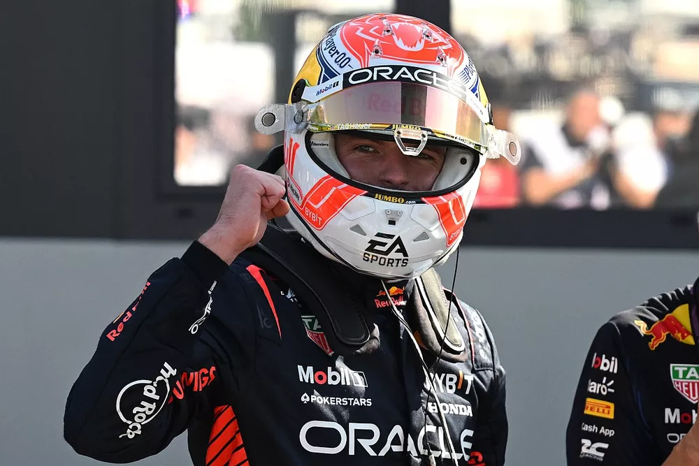Pole man Max Verstappen, Red Bull Racing, celebrates in Parc Ferme  