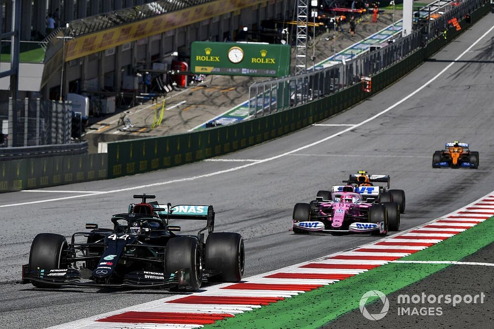 Lewis Hamilton, Mercedes F1 W11 EQ Performance, leads Sergio Perez, Racing Point RP20, and Alex Albon, Red Bull Racing RB16