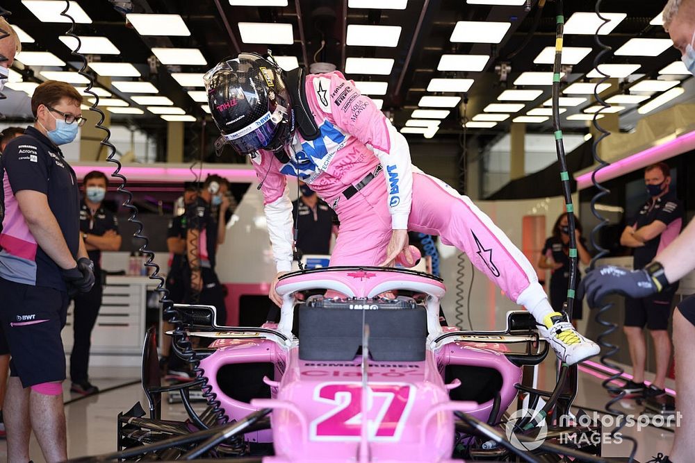 Nico Hulkenberg, Racing Point RP20, climbs into his car 