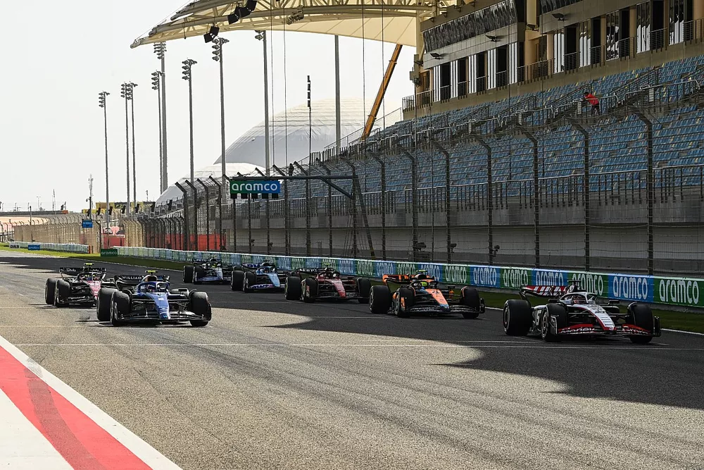 Kevin Magnussen, Haas VF-23, Logan Sargeant, Williams FW45, Lando Norris, McLaren MCL60, Carlos Sainz, Ferrari SF-23, Zhou Guanyu, Alfa Romeo C43, Esteban Ocon, Alpine A523, Lewis Hamilton, Mercedes F1 W14 line-up on the grid to practice a start
