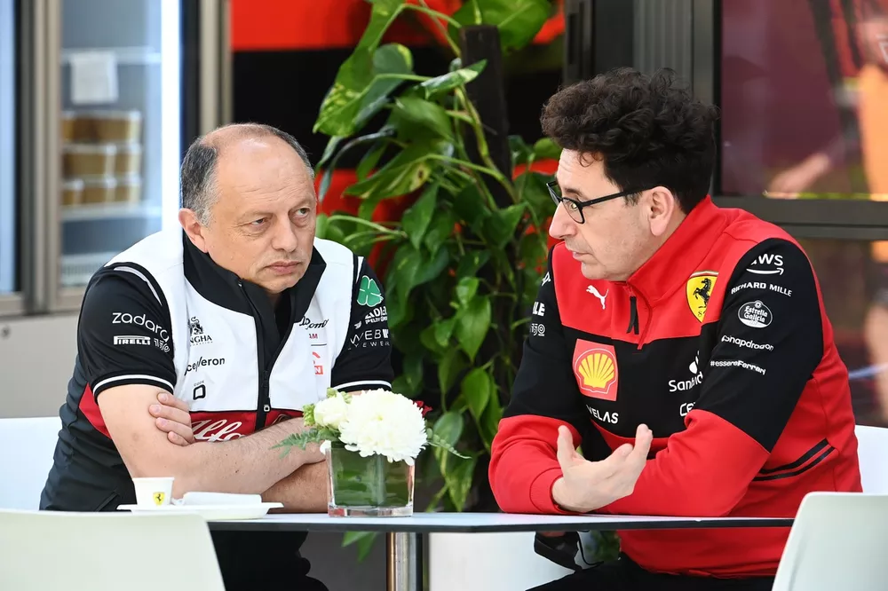 Frederic Vasseur, Team Principal, Alfa Romeo Racing and Mattia Binotto, Team Principal, Ferrari