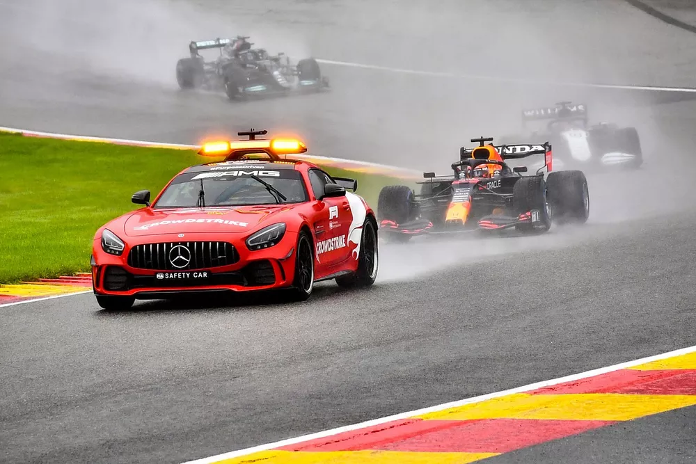 The Safety Car Max Verstappen, Red Bull Racing RB16B, George Russell, Williams FW43B, and Lewis Hamilton, Mercedes W12