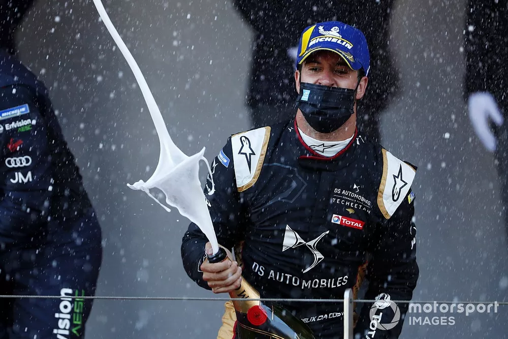 Antonio Felix Da Costa, DS Techeetah, 1st position, sprays champagne on the podium
