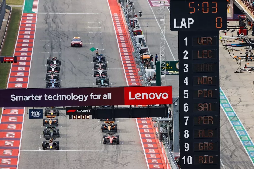 Max Verstappen, Red Bull Racing RB19, Charles Leclerc, Ferrari SF-23, prepare to lead the field away for the start of the Sprint race