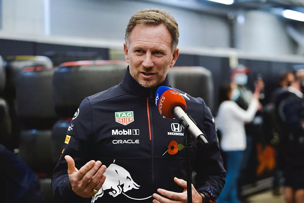 Christian Horner, Team Principal, Red Bull Racing spaks to the media