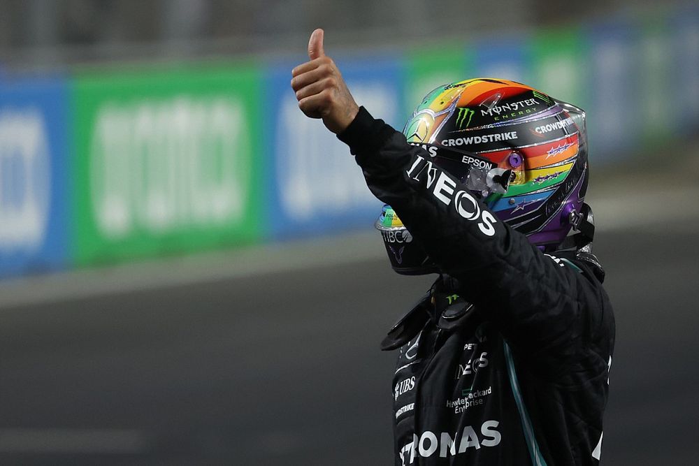 Lewis Hamilton, Mercedes, celebrates in Parc Ferme after securing pole