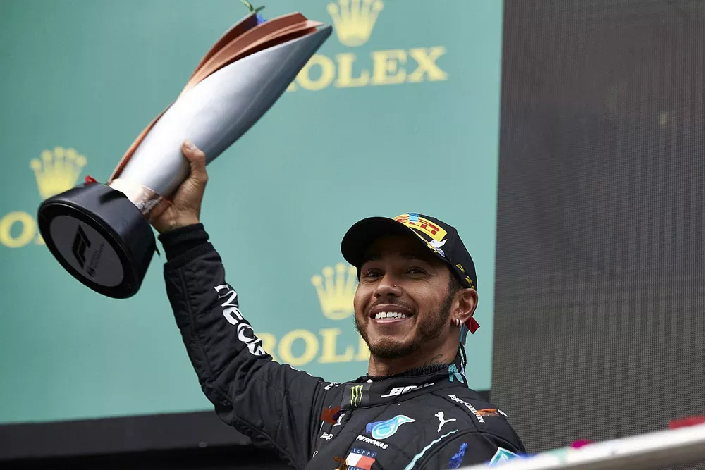 Lewis Hamilton, Mercedes-AMG F1, 1st position, lifts his trophy on the podium