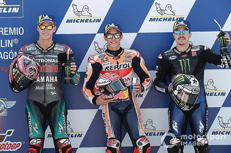 Pole sitter Marc Marquez, Repsol Honda Team, second place Fabio Quartararo, Petronas Yamaha SRT, third place Maverick Vinales, Yamaha Factory Racing