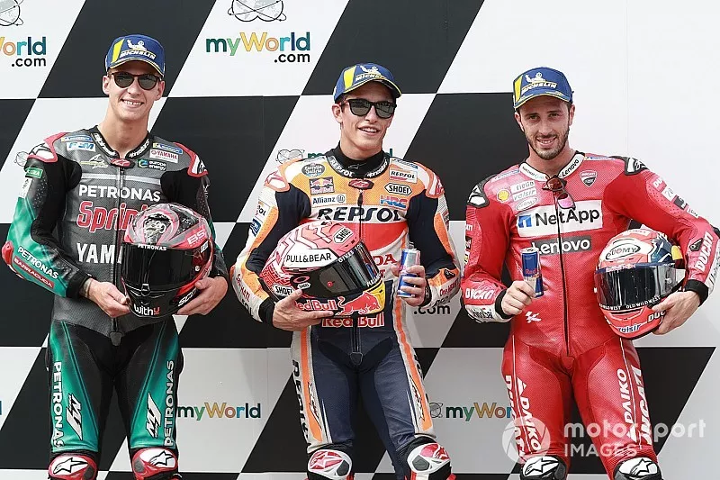 Polesitter Marc Marquez, Repsol Honda Team, second place Fabio Quartararo, Petronas Yamaha SRT, third place Andrea Dovizioso, Ducati Team  