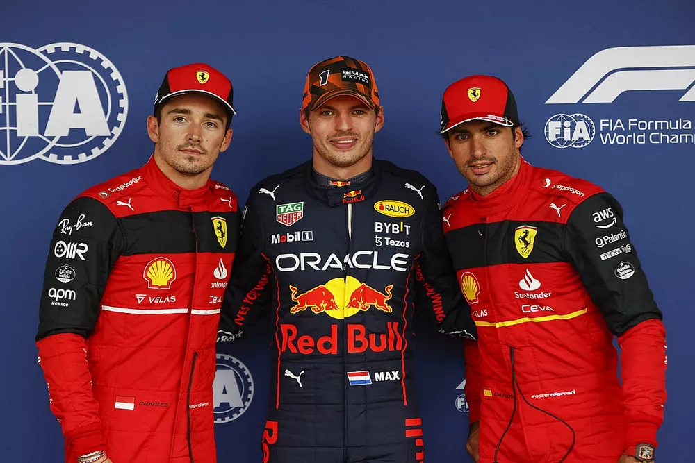 Polesitter Max Verstappen, Red Bull Racing, second place Charles Leclerc, Ferrari, third place Carlos Sainz, Ferrari
