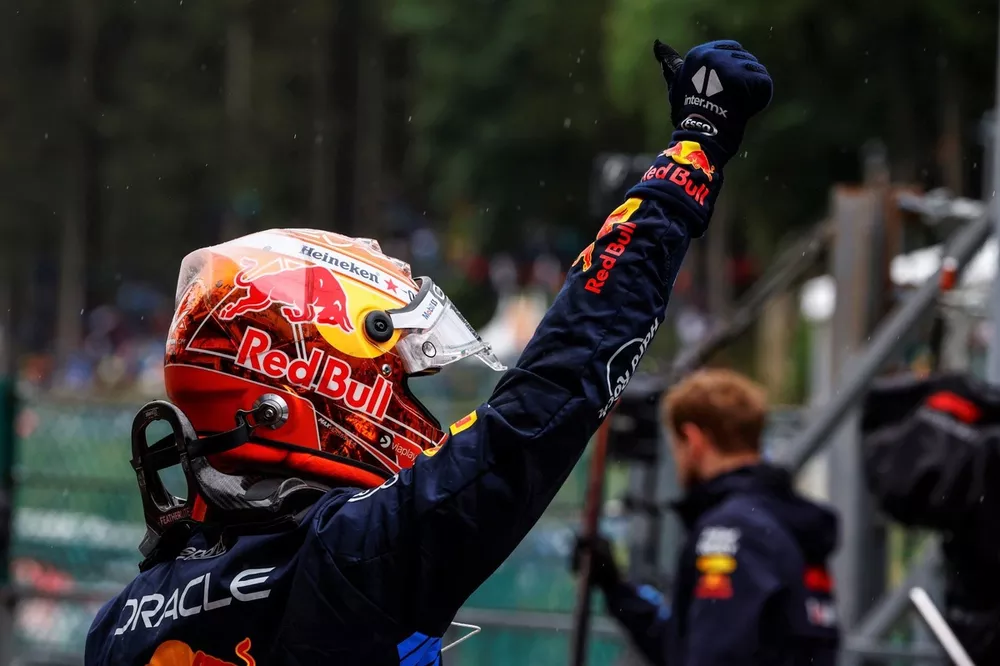 Max Verstappen, Red Bull Racing, celebrates after securing Pole