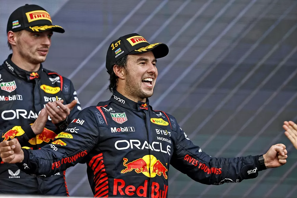 Max Verstappen, Red Bull Racing, 3rd position, Sergio Perez, Red Bull Racing, 1st position, celebrate on the podium