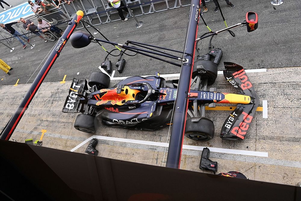 The car of Max Verstappen, Red Bull Racing RB19 in the pit lane