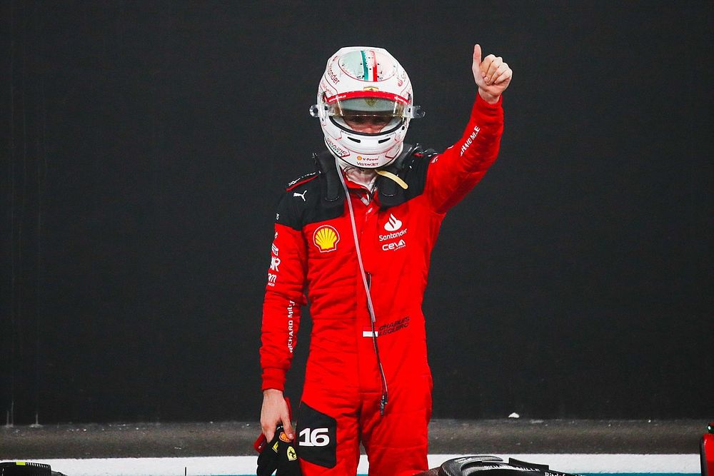 Charles Leclerc, Scuderia Ferrari, 2nd position, celebrates in Parc Ferme 