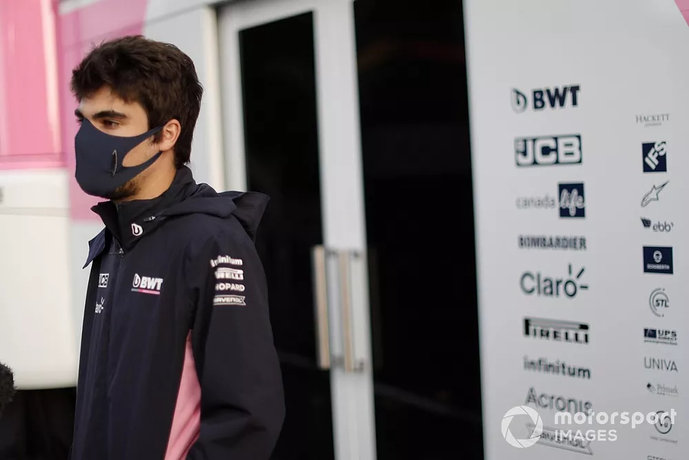 Lance Stroll, Racing Point speaks to the media.
