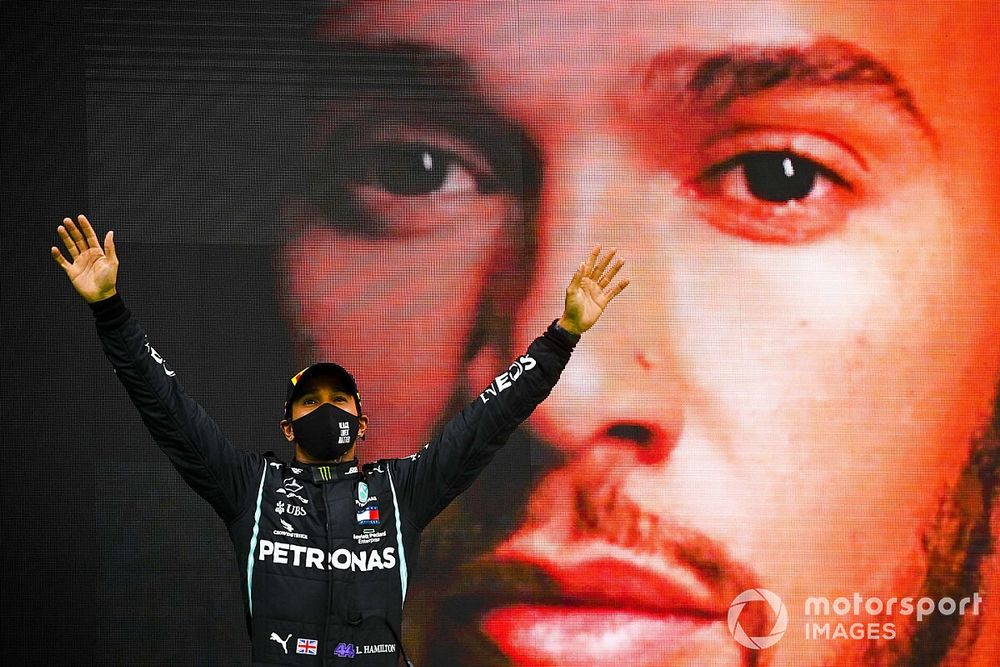 Race Winner Lewis Hamilton, Mercedes-AMG F1 celebrates on the podium after winning his 92nd Grand Prix win, the most for any driver in F1 history