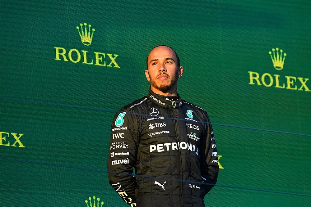Lewis Hamilton, Mercedes-AMG, 2nd position, on the podium