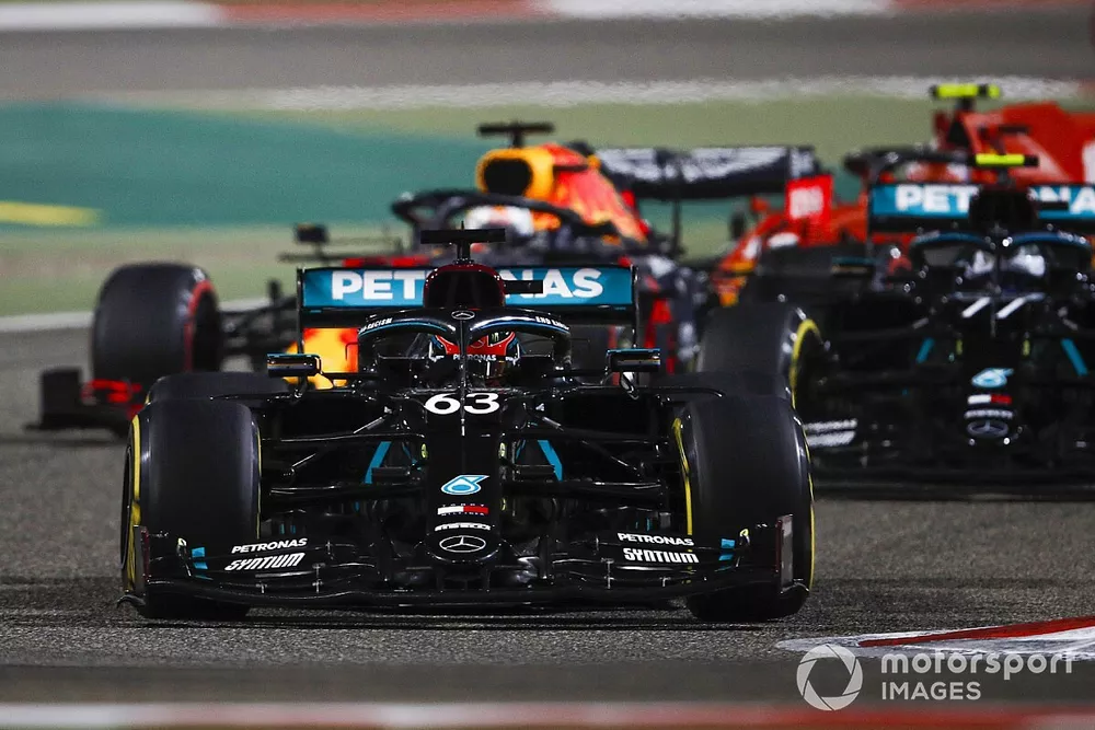 George Russell, Mercedes F1 W11, Valtteri Bottas, Mercedes F1 W11, Max Verstappen, Red Bull Racing RB16, and Charles Leclerc, Ferrari SF1000, at the start