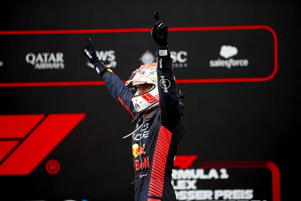 Max Verstappen, Red Bull Racing, 1st position, celebrates on arrival in Parc Ferme