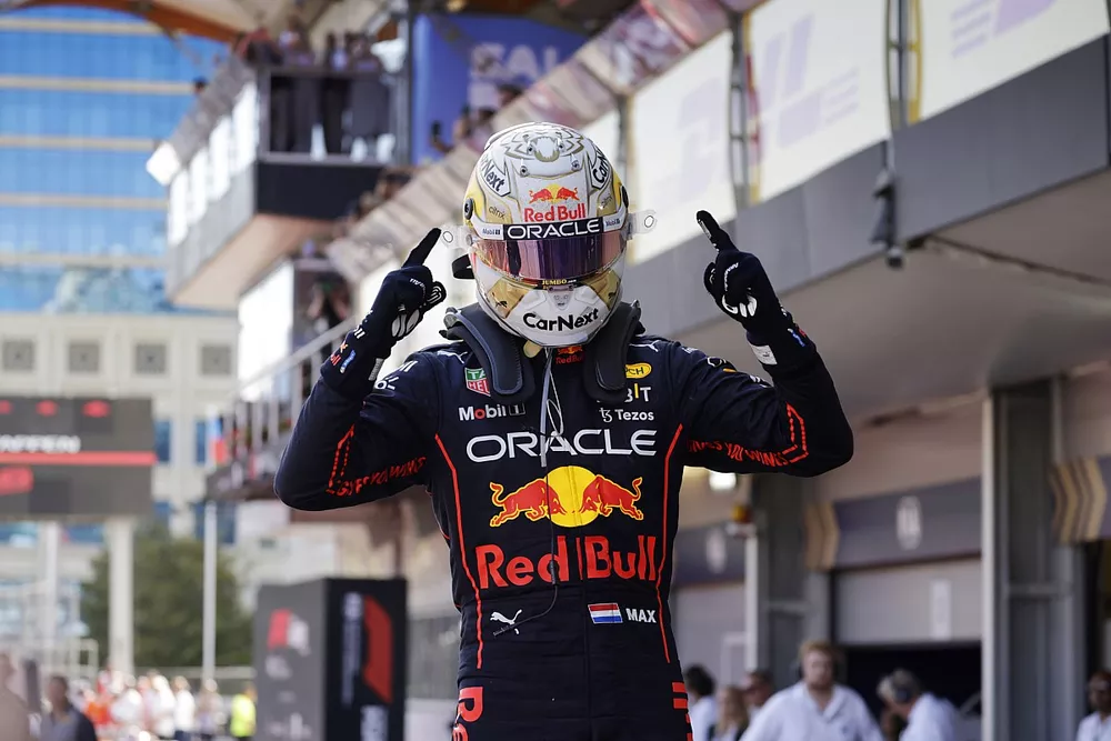 Max Verstappen, Red Bull Racing, 1st position, celebrates on arrival in Parc Ferme