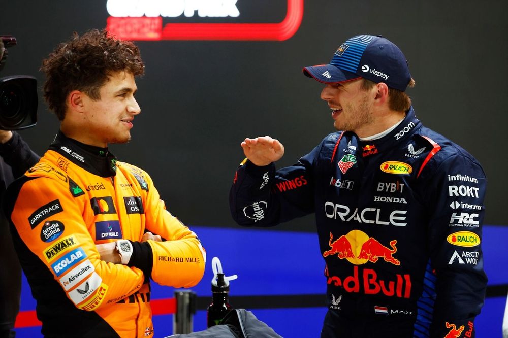 Pole man Max Verstappen, Red Bull Racing, Lando Norris, McLaren F1 Team, chat in Parc Ferme 